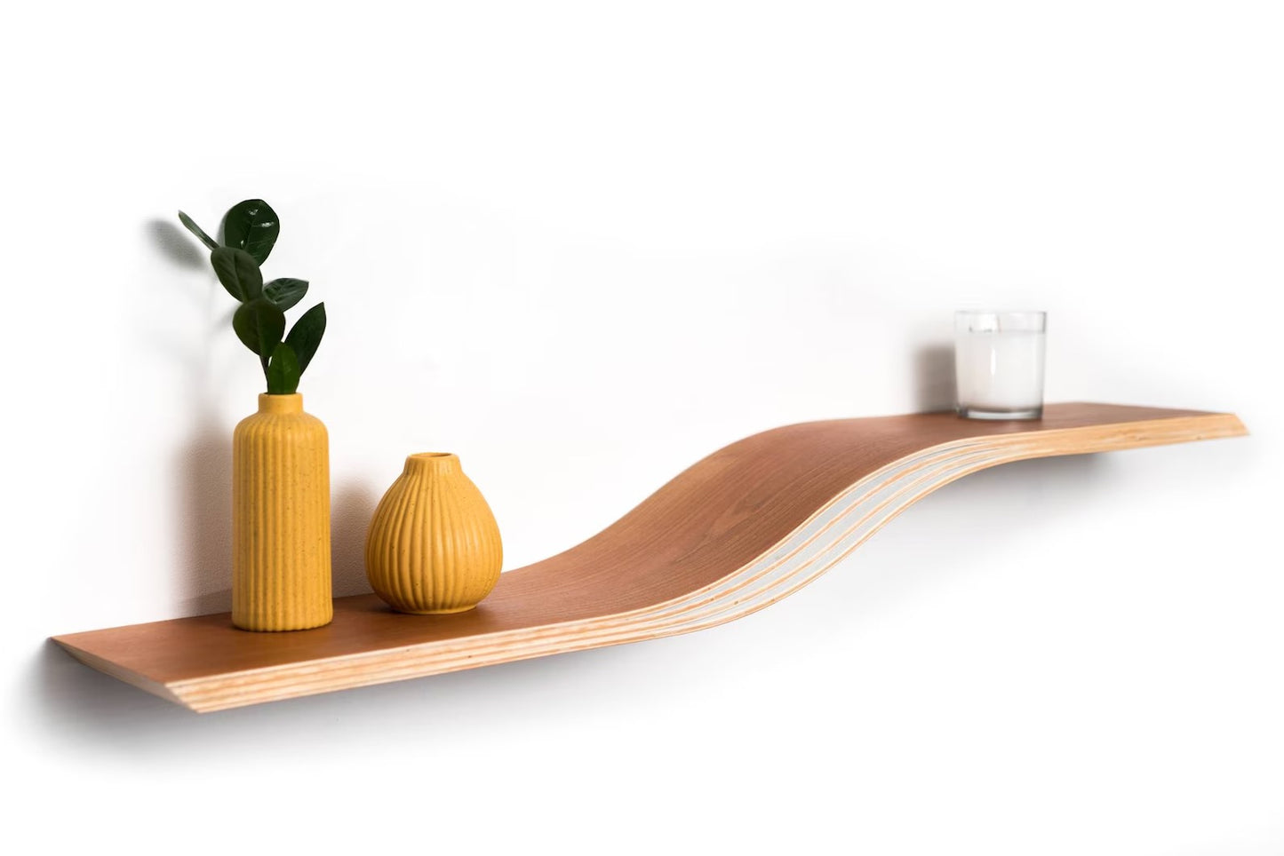 Floating Shelf Wall Mounted, Walnut Hanging Geometric Shelves, Curved Wall Shelf with Hidden Bracket