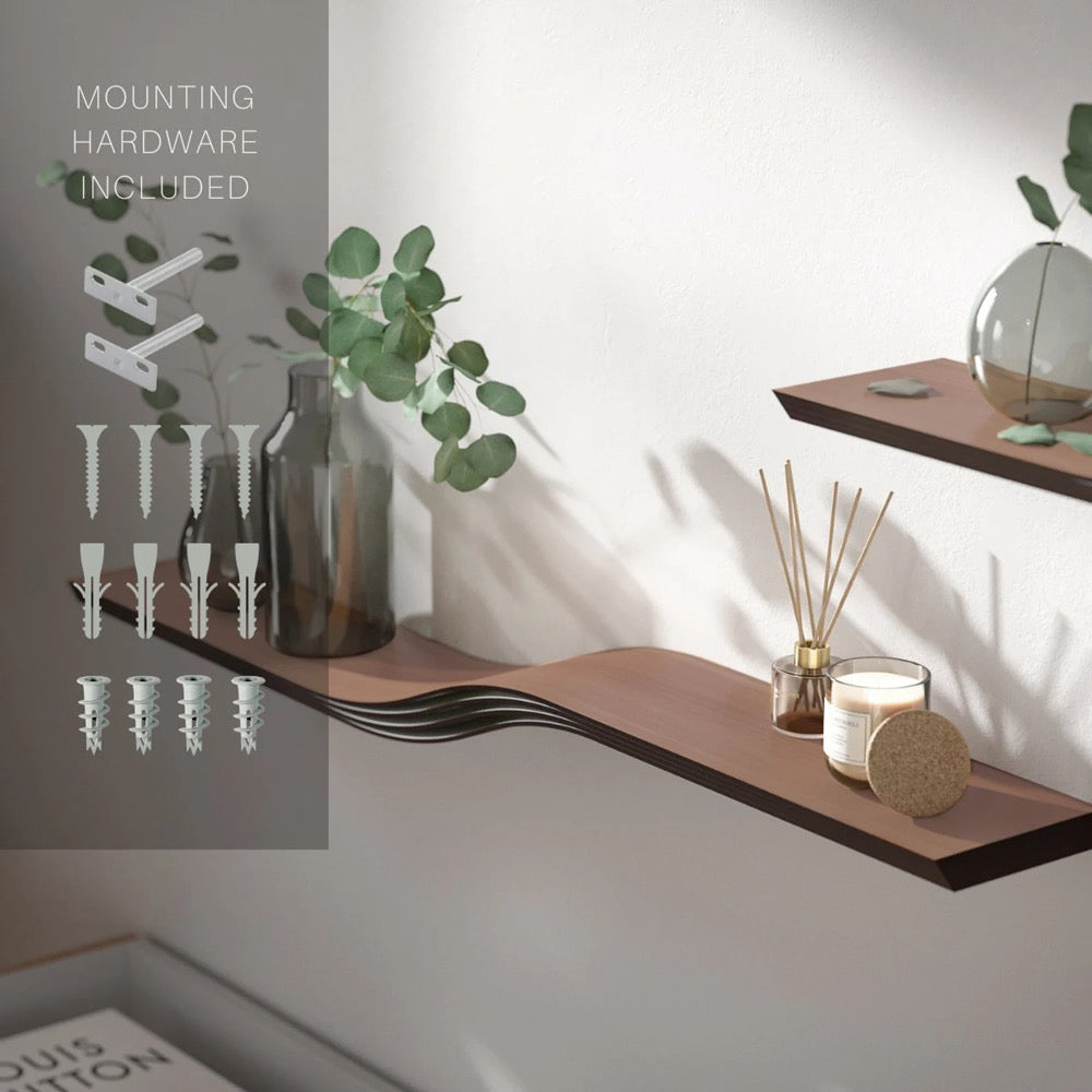 Curved Floating Shelf Wall Mounted, Modern Walnut Hanging Design Shelves, Wooden Oak Bracketless Shelves