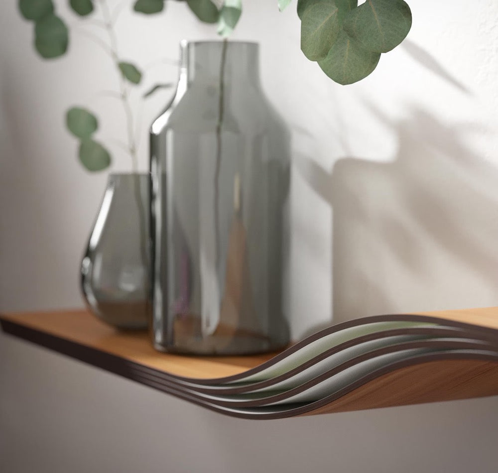 Floating Shelf Wall Mounted, Walnut Hanging Geometric Shelves, Curved Wall Shelf with Hidden Bracket
