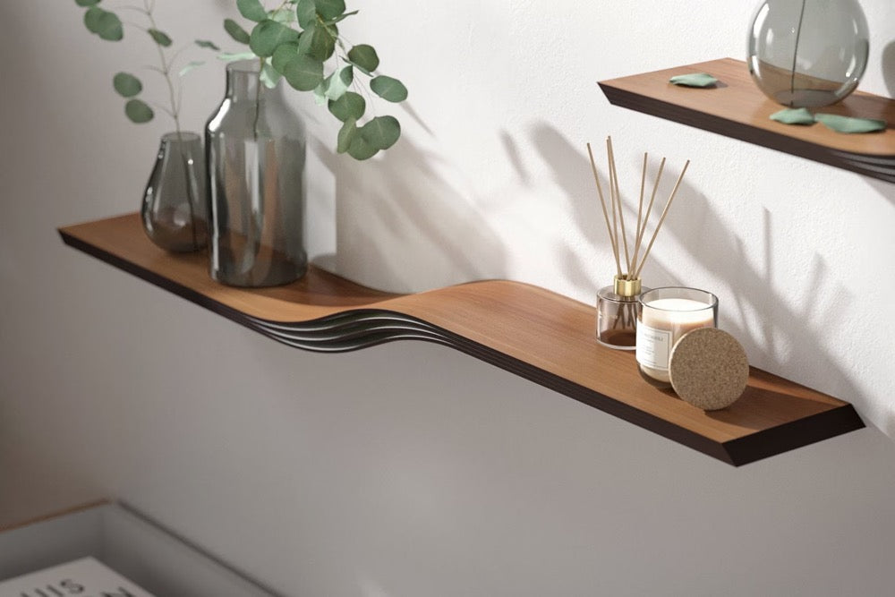 Floating Shelf Wall Mounted, Walnut Hanging Geometric Shelves, Curved Wall Shelf with Hidden Bracket