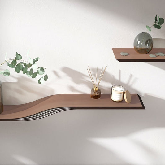 Floating Shelf Wall Mounted, Walnut Hanging Geometric Shelves, Curved Wall Shelf with Hidden Bracket