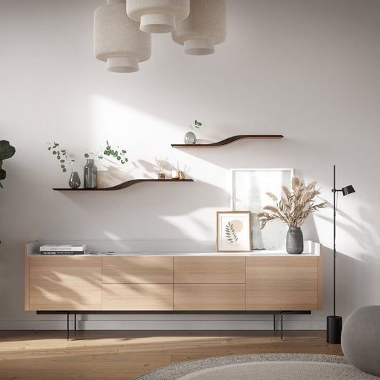 Curved Floating Shelf Wall Mounted, Modern Walnut Hanging Design Shelves, Wooden Oak Bracketless Shelves